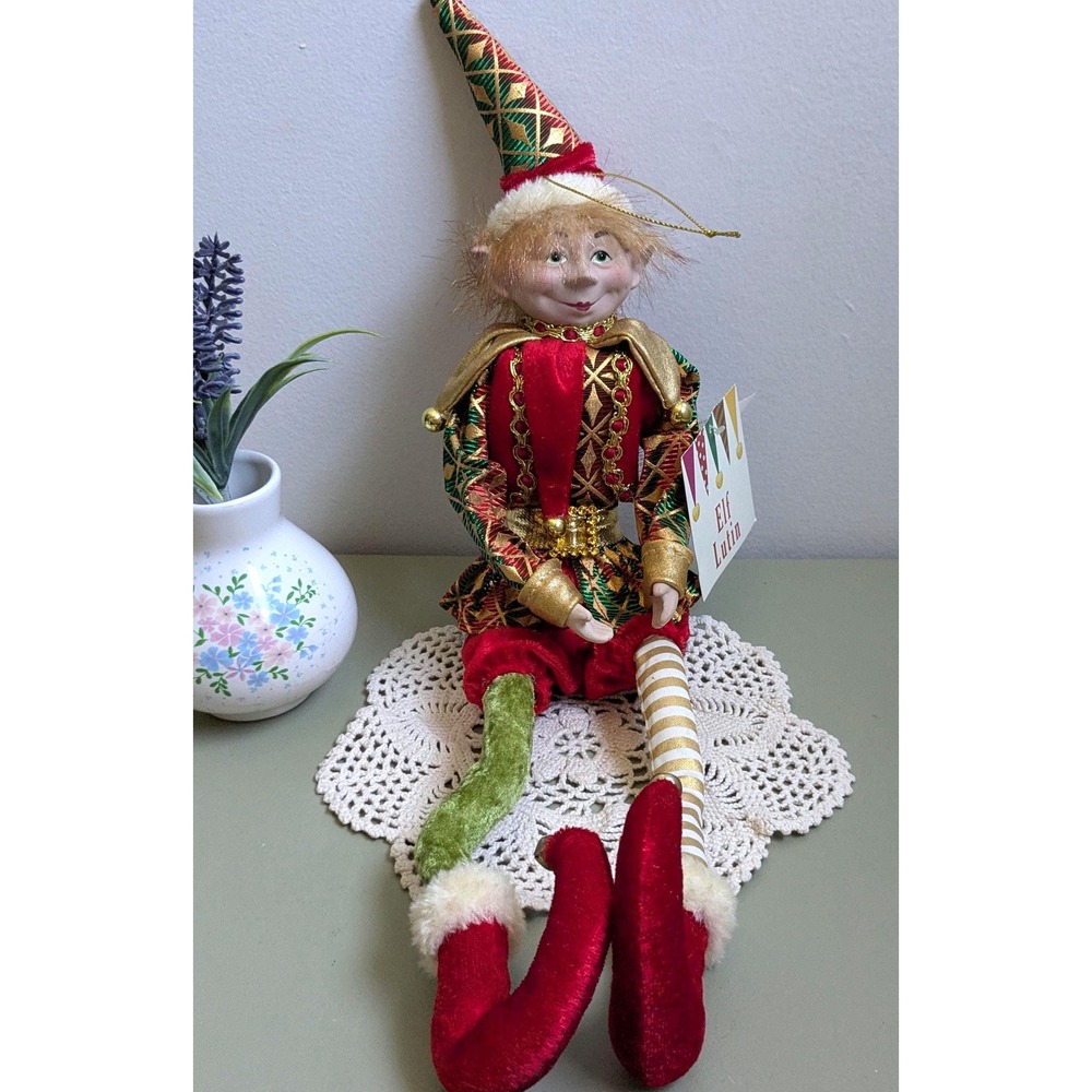 Danson Decor Christmas Elf Doll Lutin Shelf Sitter Red Green Gold Holiday Decor